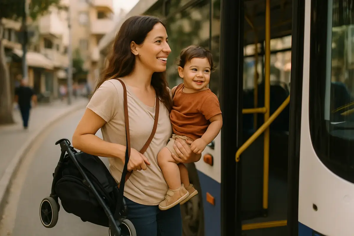 אמא עולה לאוטובוס עירוני עם פעוט ביד ועגלה מתקפלת מקופלת