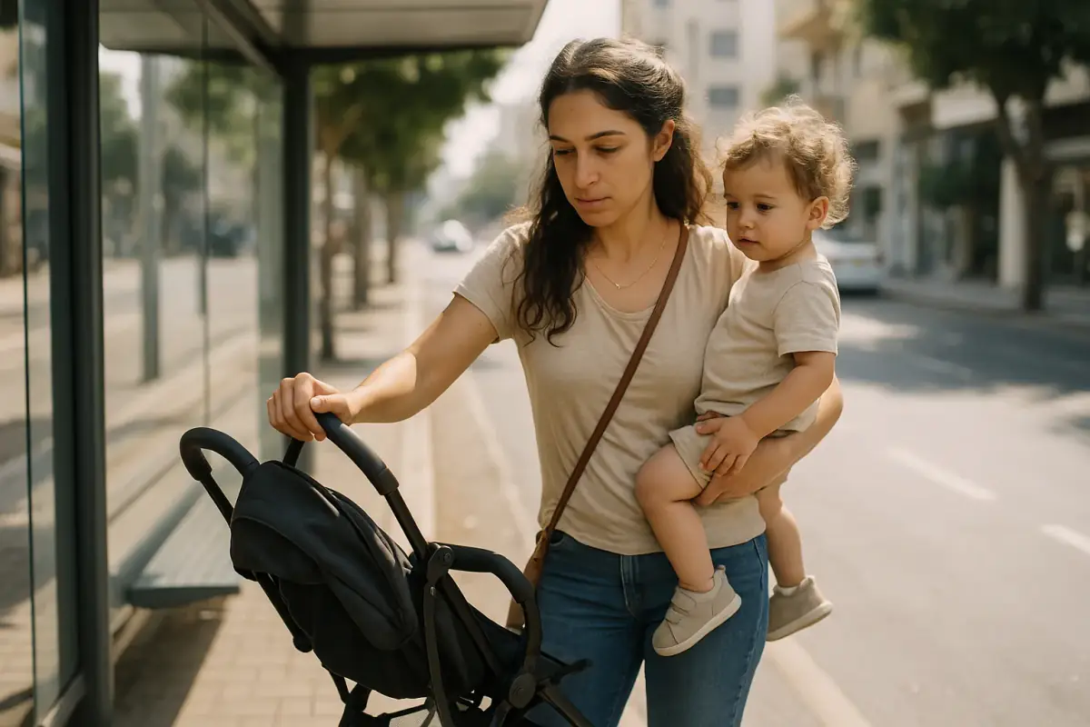 אמא מקפלת טיולון קומפקטי בתחנת אוטובוס עירונית בישראל